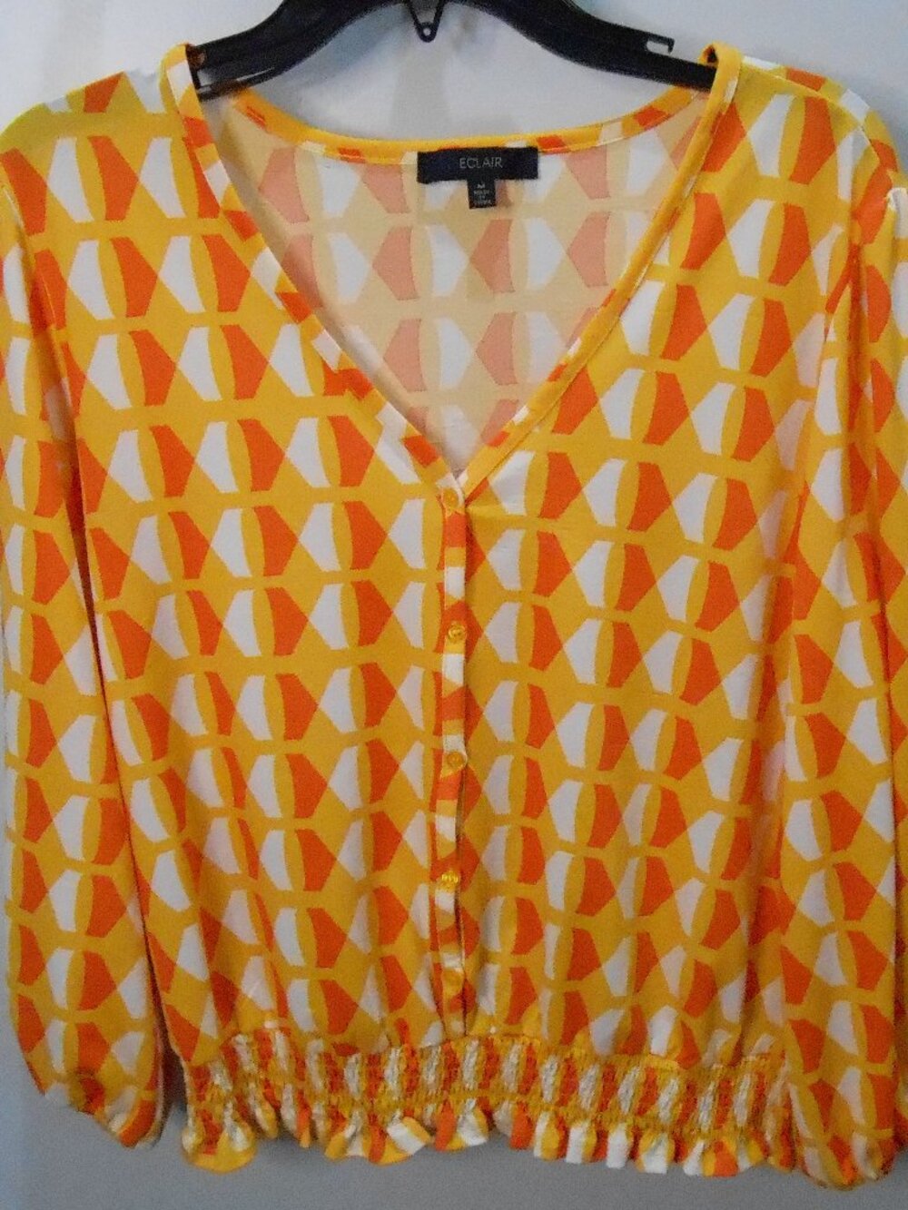 Eclair Women's Orange Yellow & White Geometric Long Sleeve Ruffled Blouse-Med